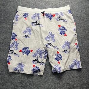 Pabst Blue Ribbon Mens Tropical Board Shorts White Blue Beer Swim Trunks 2XL
